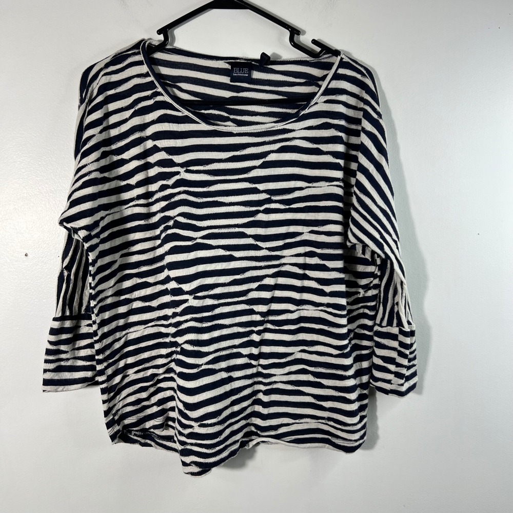 BLUE Saks Fifth Avenue Striped 3/4 Sleeve‎ Top Women's M/M Navy Cream